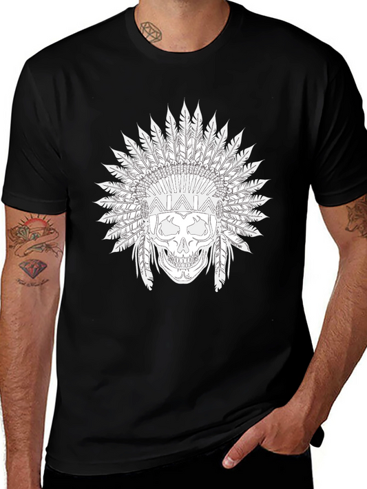 Black Skull T-Shirt with Feather Headdress Design