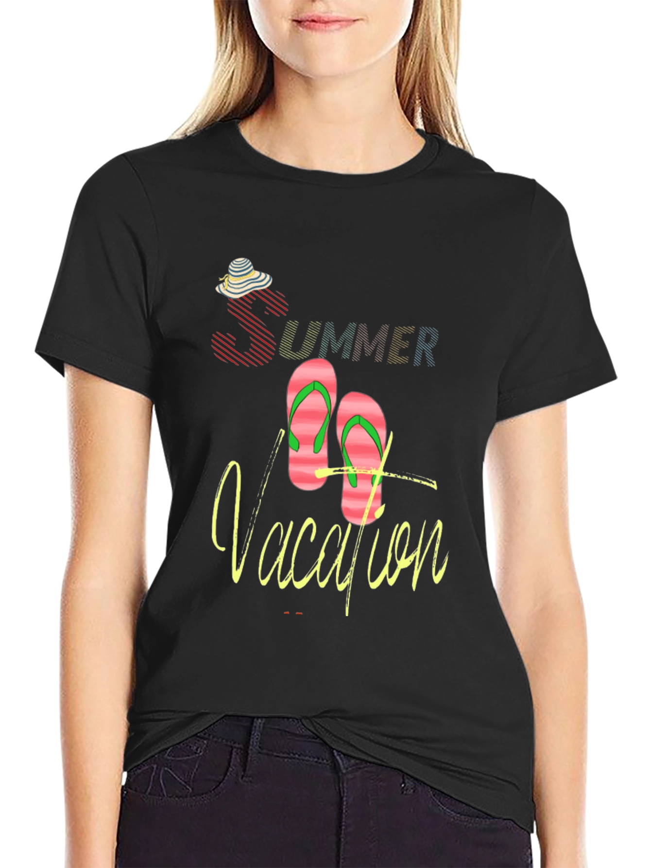 Summer Vacation Graphic Tee - Black Crew Neck T-Shirt