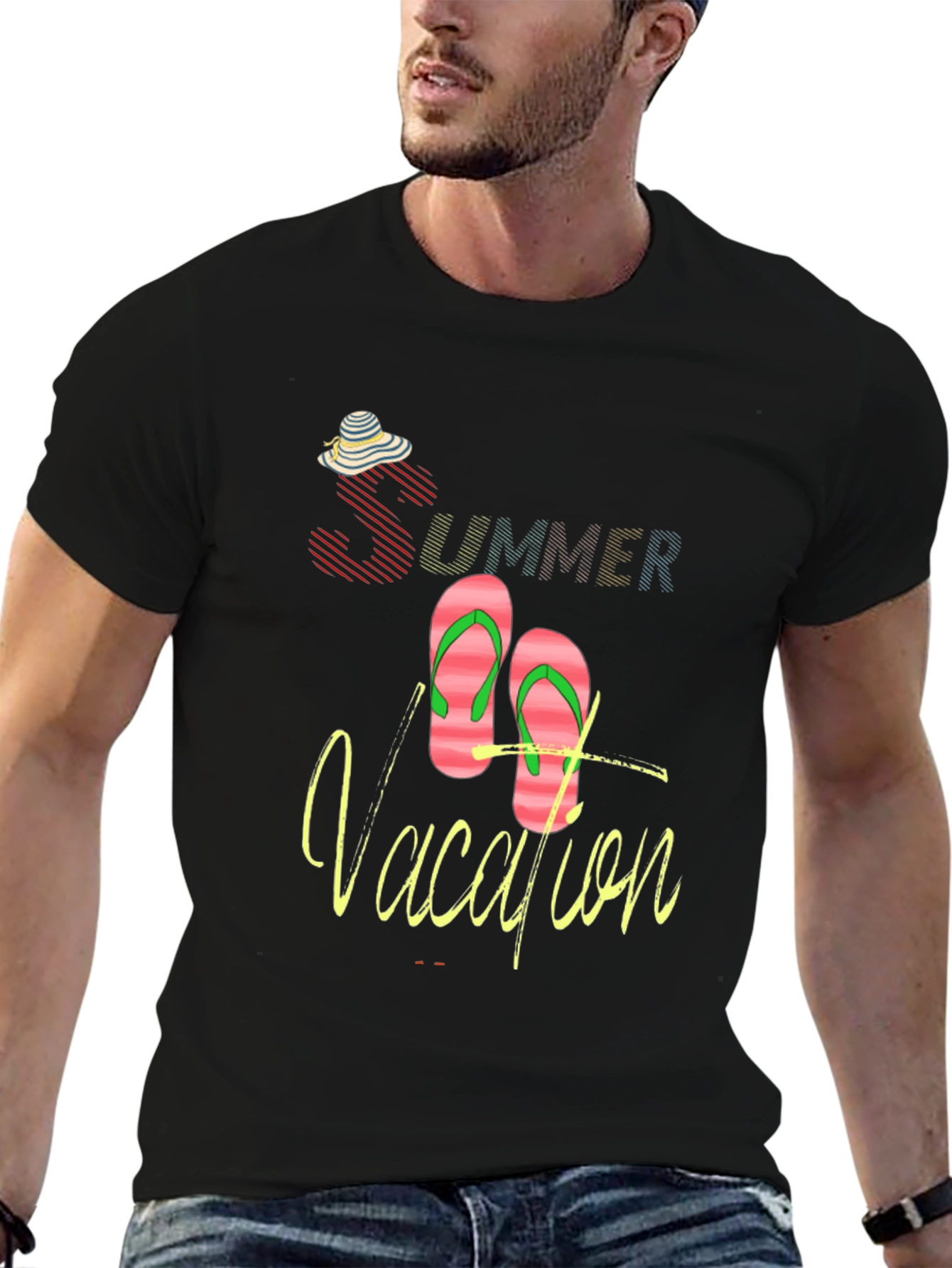 Summer Vacation Graphic Tee - Black Crew Neck T-Shirt