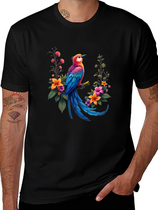 Bird & Floral Print Black T-Shirt