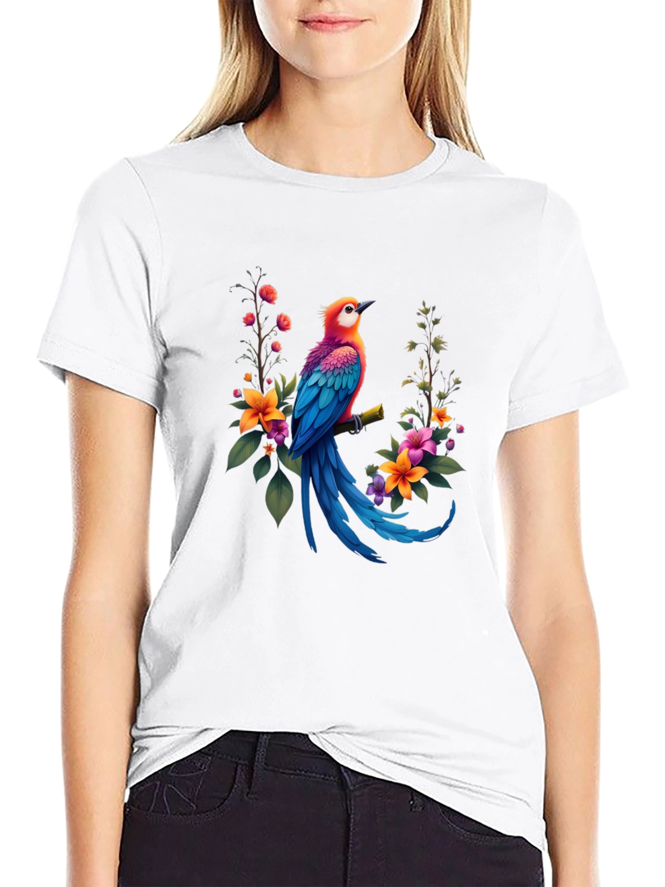 Bird & Floral Print Black T-Shirt