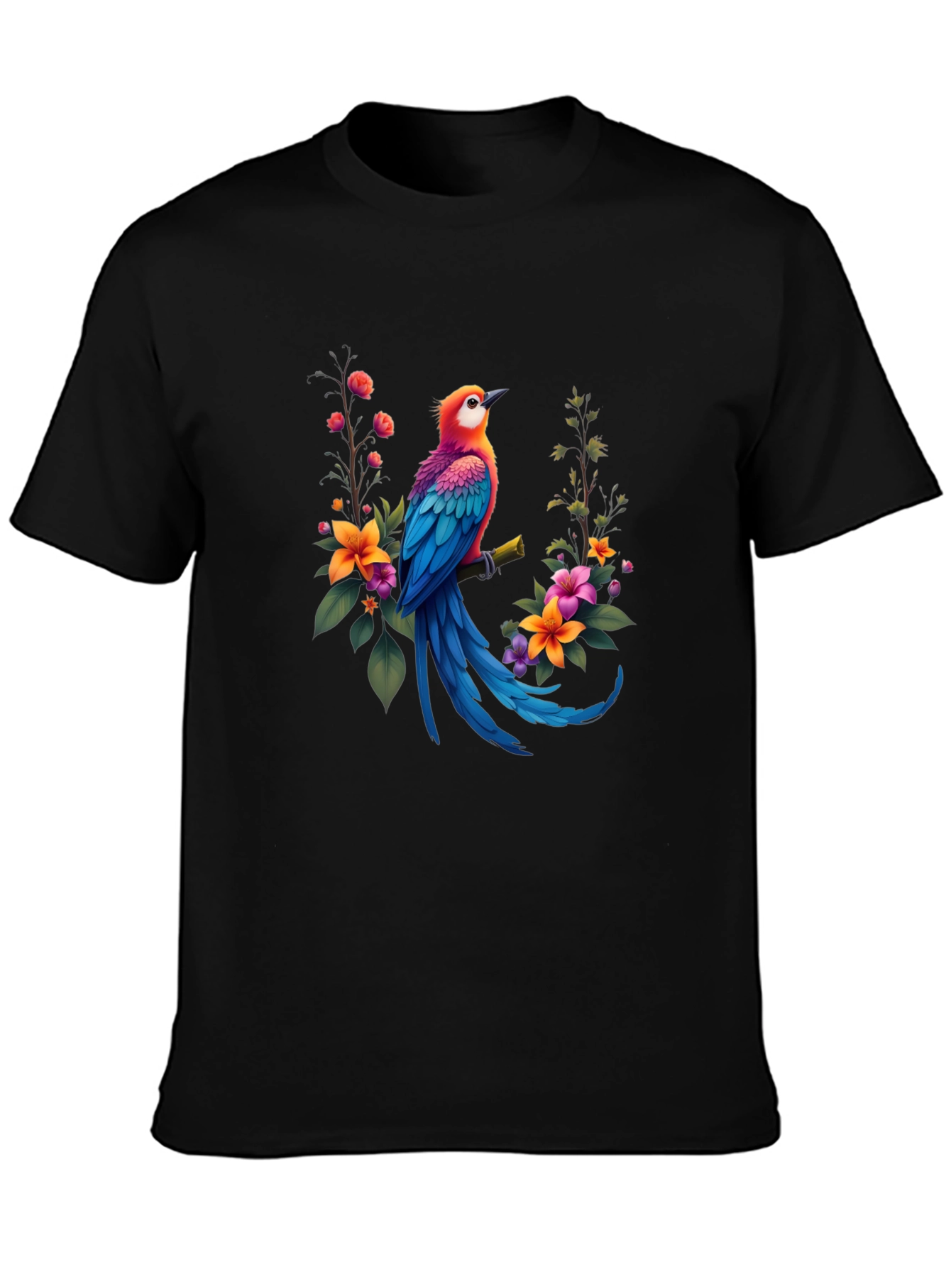 Bird & Floral Print Black T-Shirt