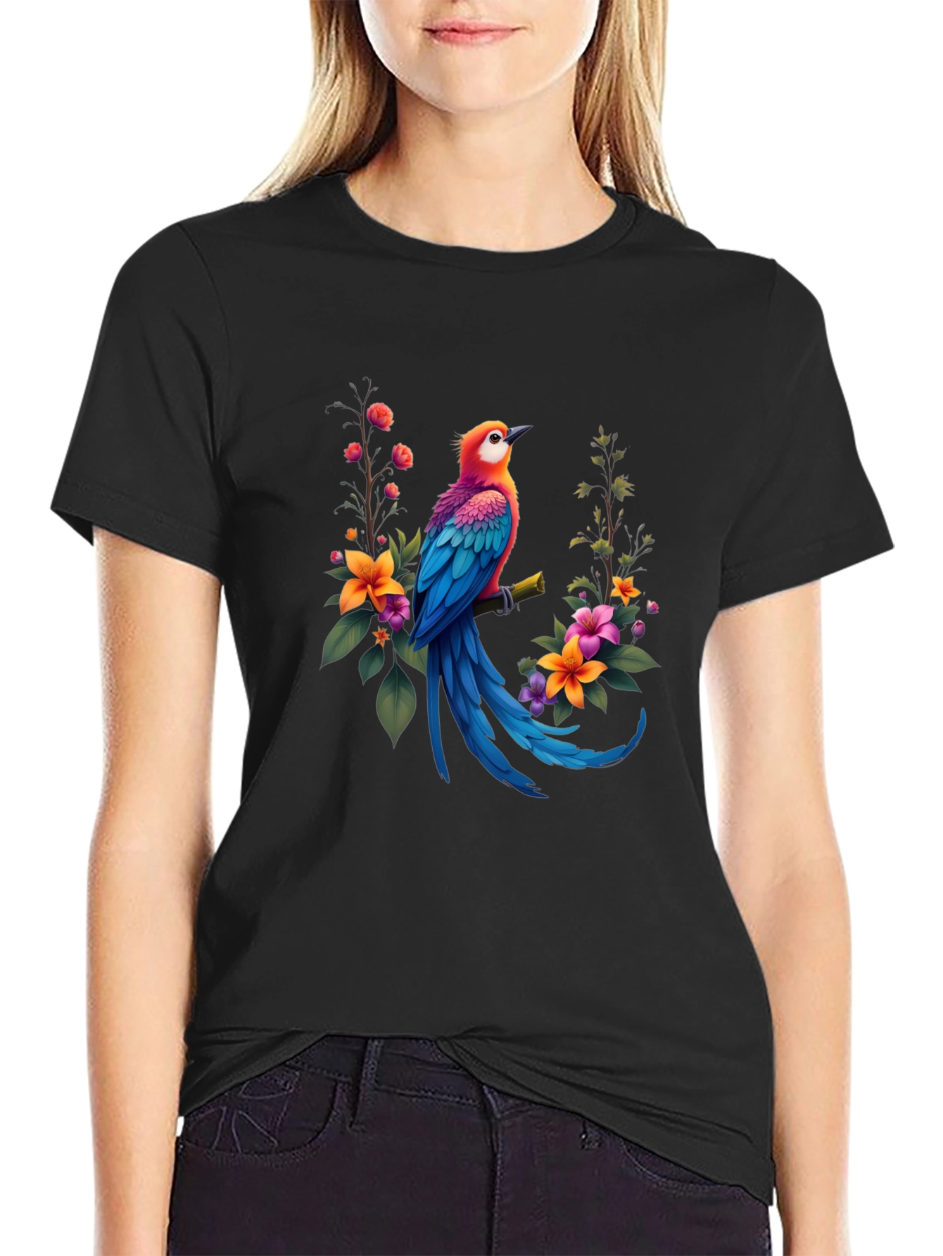 Bird & Floral Print Black T-Shirt