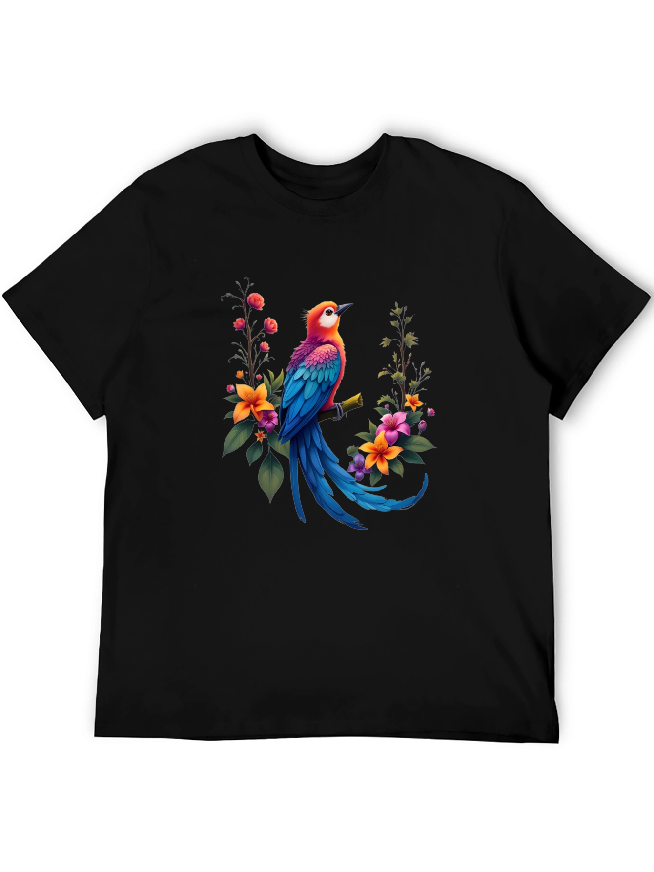 Bird & Floral Print Black T-Shirt