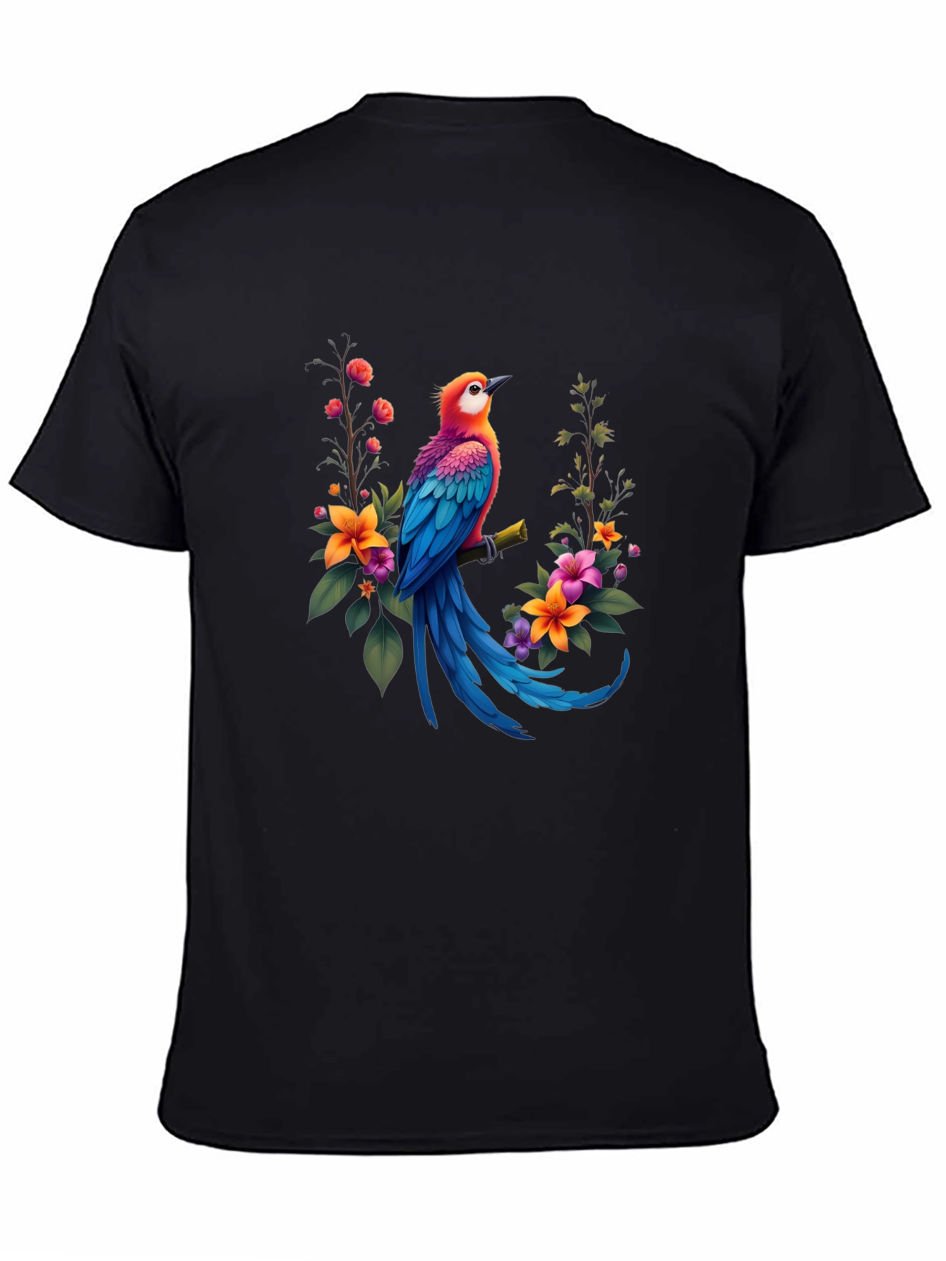 Bird & Floral Print Black T-Shirt