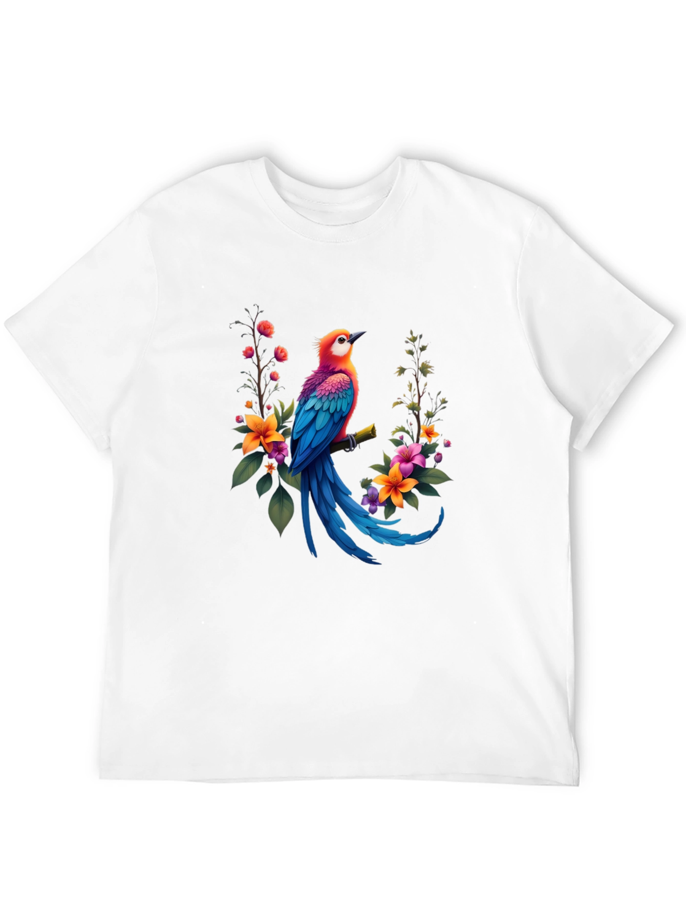 Bird & Floral Print Black T-Shirt