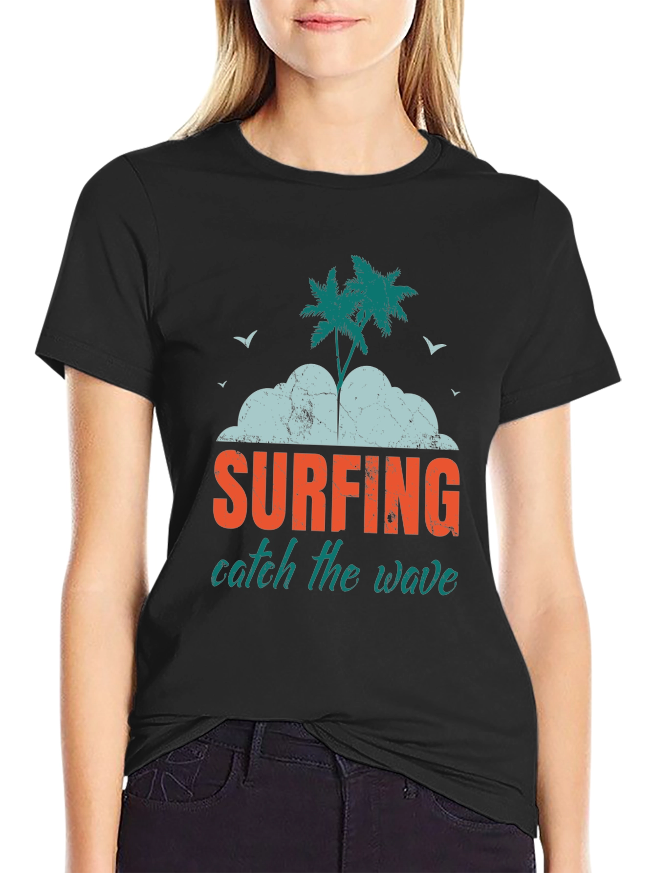 Surfing Catch The Wave Graphic Print Black T-Shirt