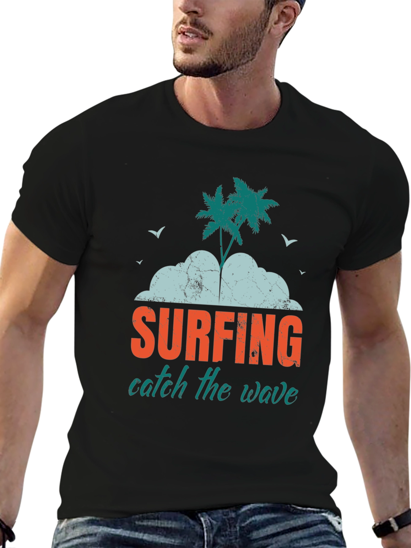 Surfing Catch The Wave Graphic Print Black T-Shirt