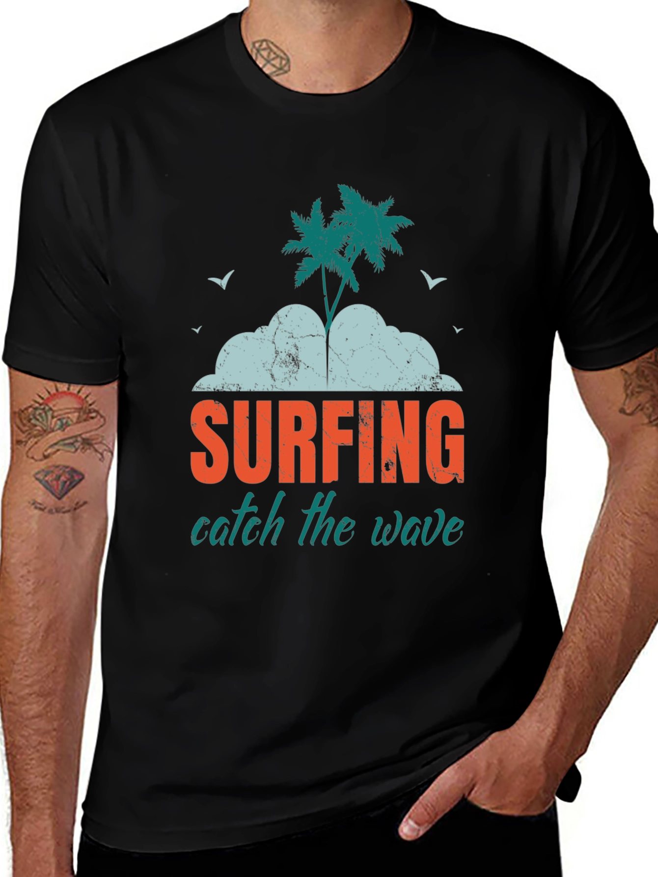 Surfing Catch The Wave Graphic Print Black T-Shirt