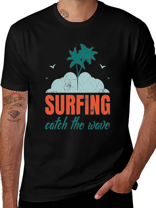 Surfing Catch The Wave Graphic Print Black T-Shirt