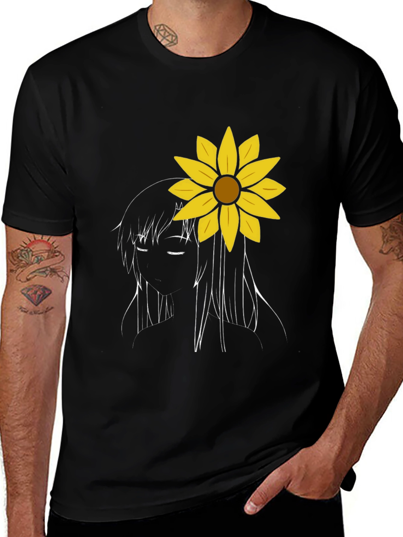 Sunflower Girl Graphic Tee - Black Cotton Casual T-Shirt