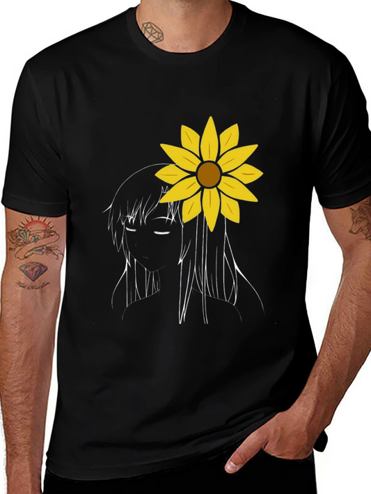 Sunflower Girl Graphic Tee - Black Cotton Casual T-Shirt