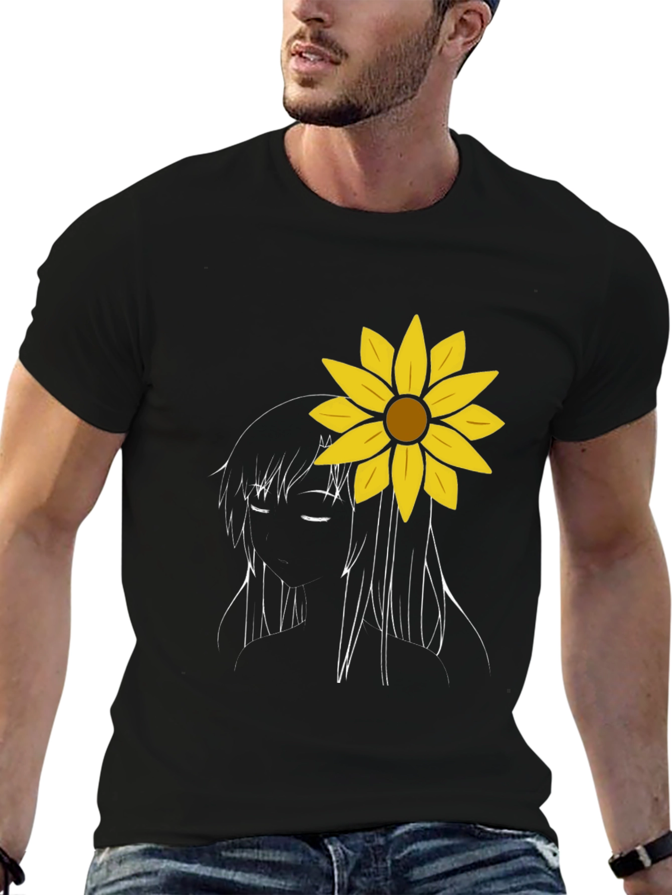 Sunflower Girl Graphic Tee - Black Cotton Casual T-Shirt