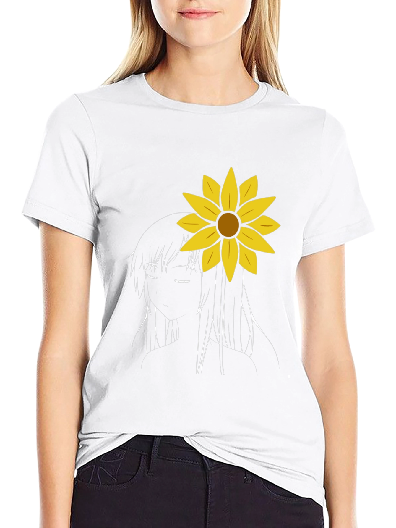 Sunflower Girl Graphic Tee - Black Cotton Casual T-Shirt