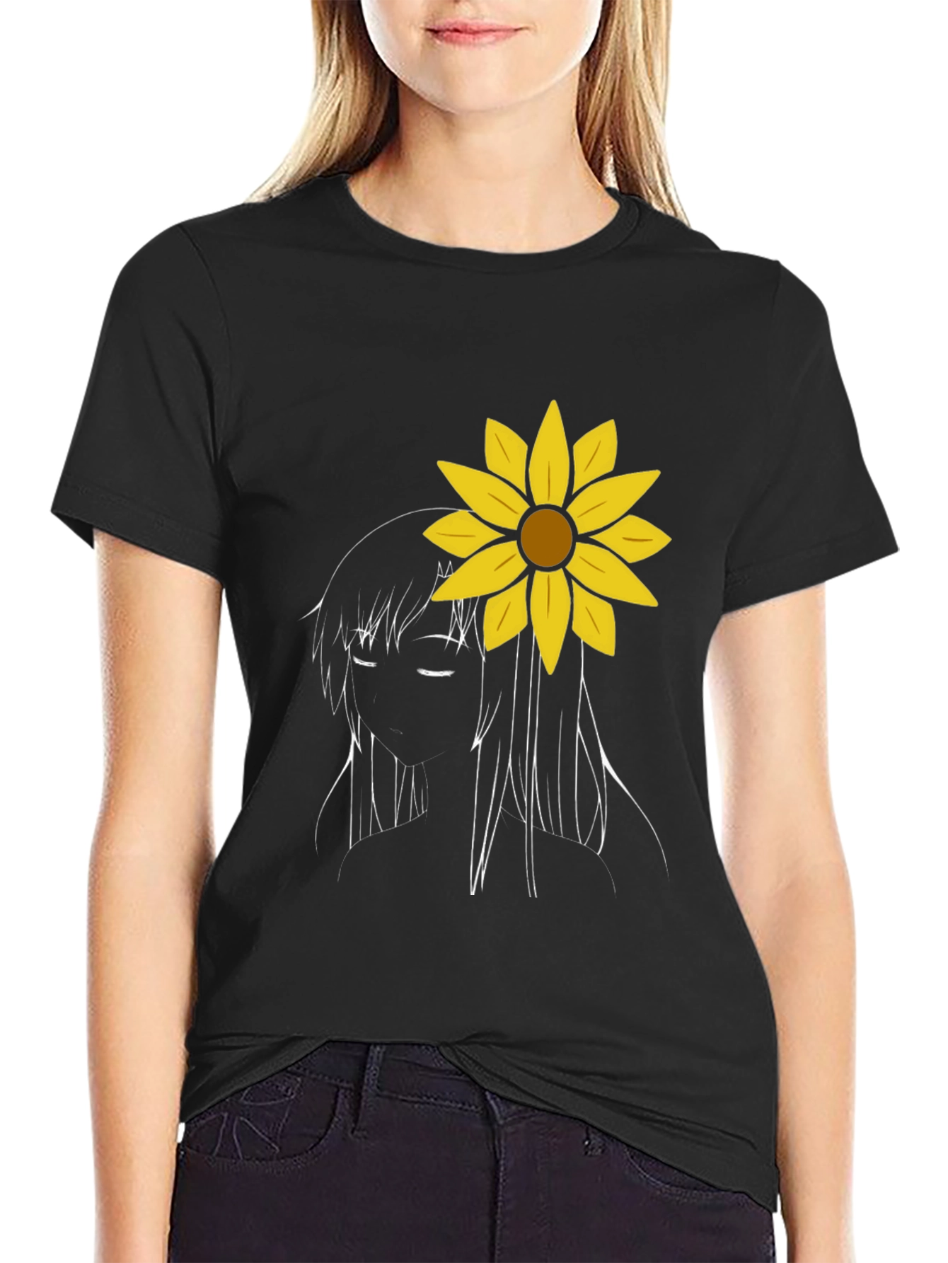 Sunflower Girl Graphic Tee - Black Cotton Casual T-Shirt