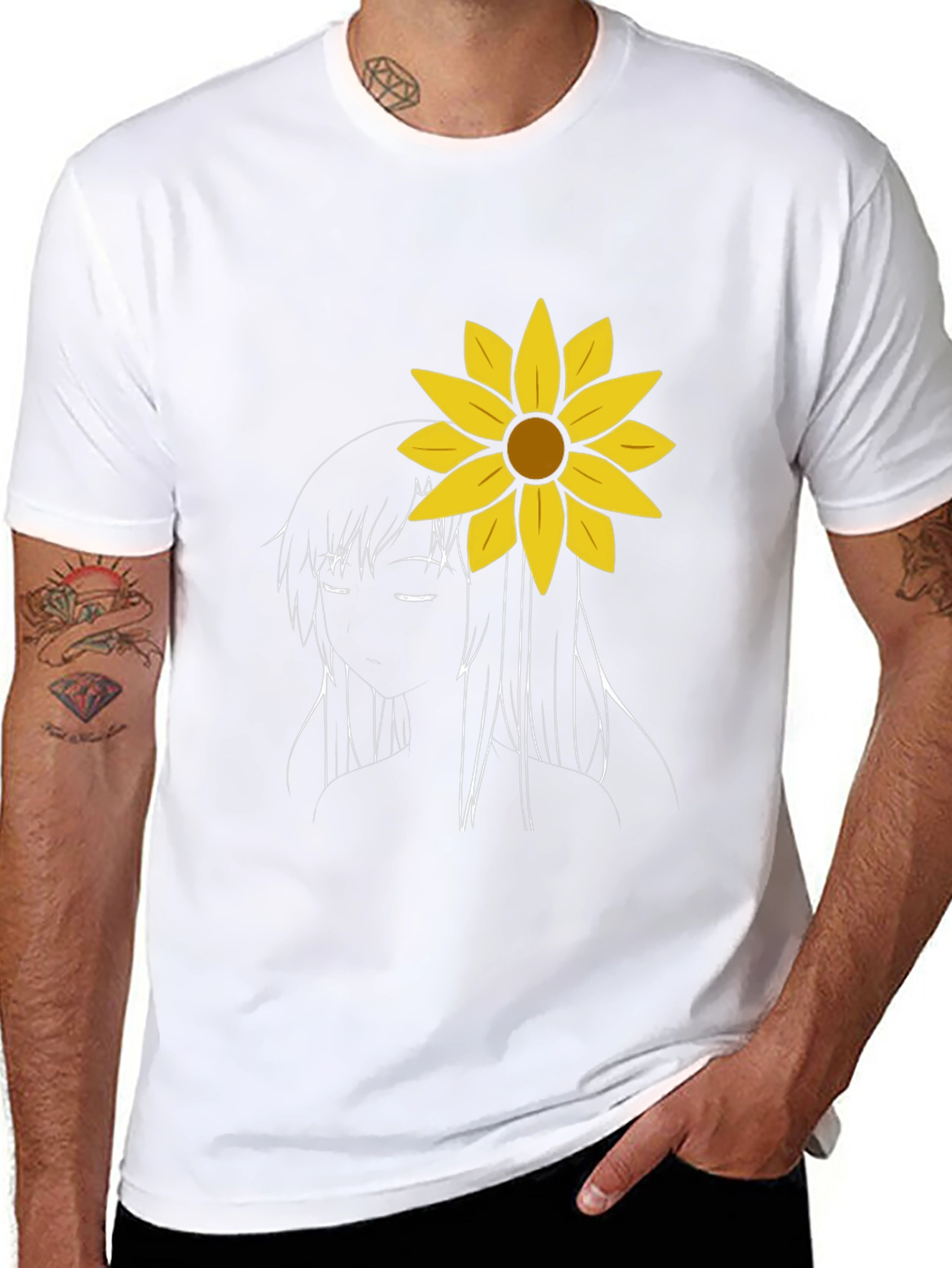 Sunflower Girl Graphic Tee - Black Cotton Casual T-Shirt