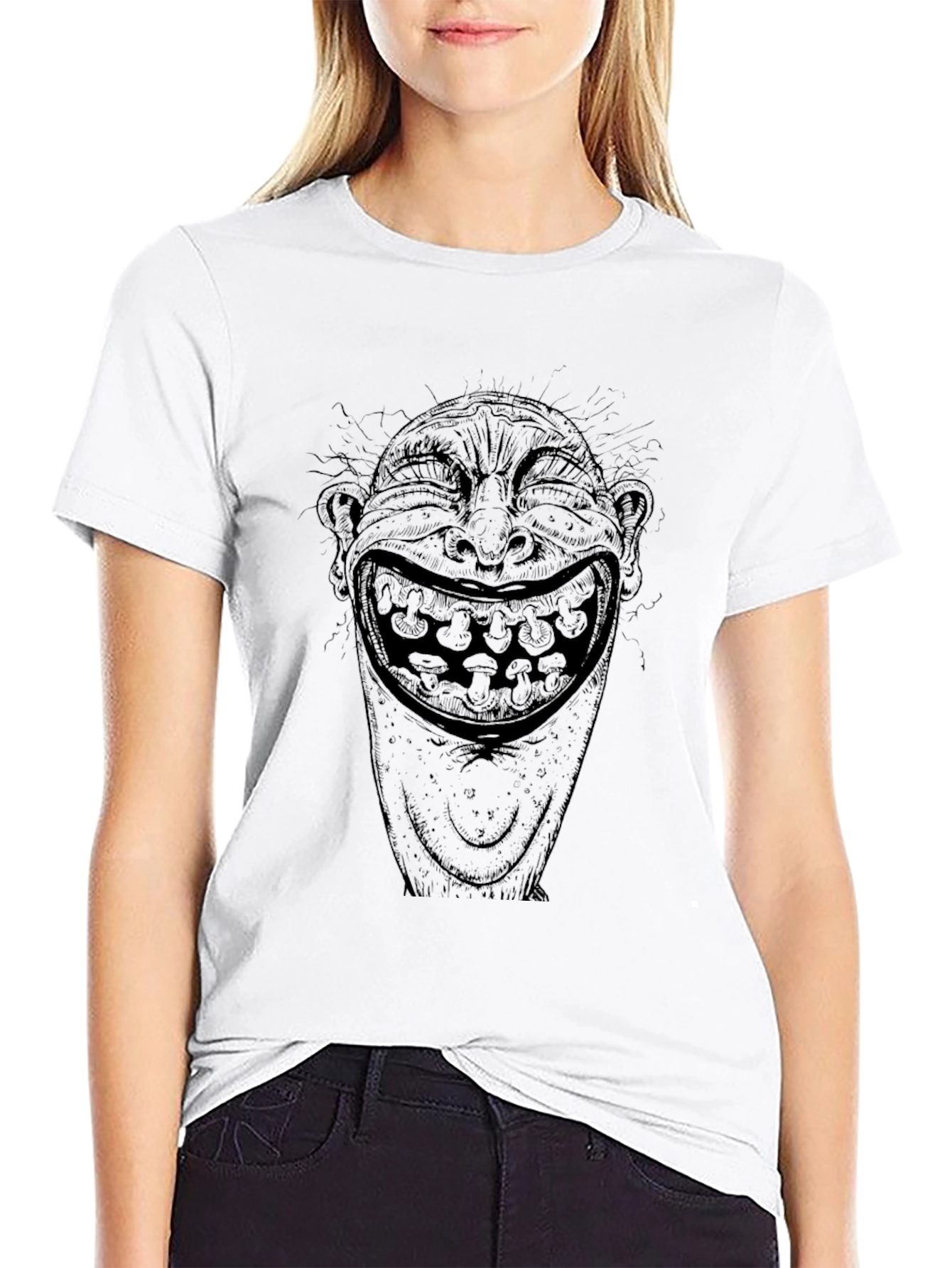 Black T-Shirt with Creepy Laughing Face Graphic