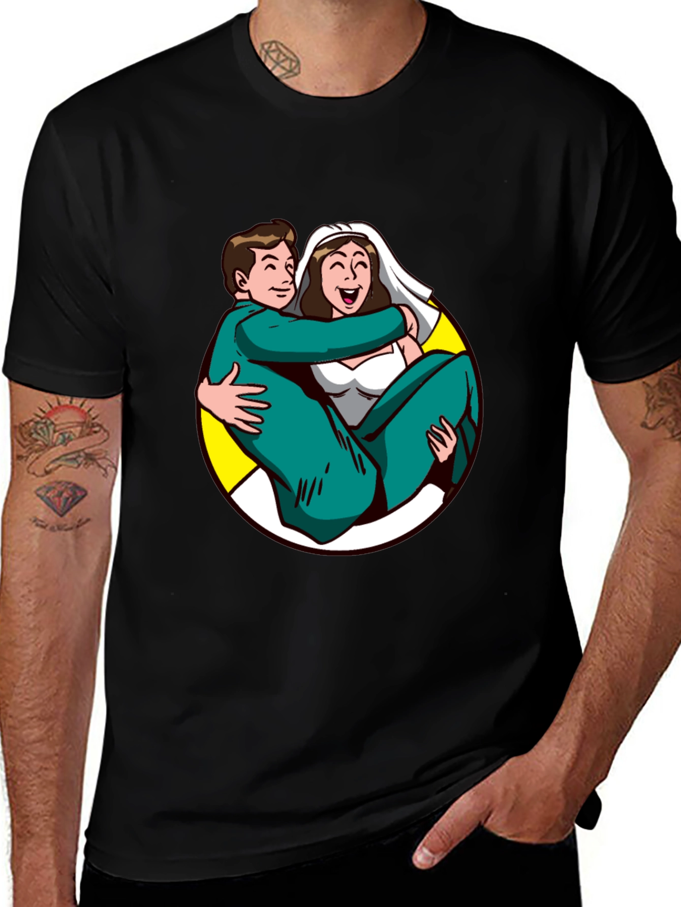 Cartoon Bride and Groom Black T-Shirt