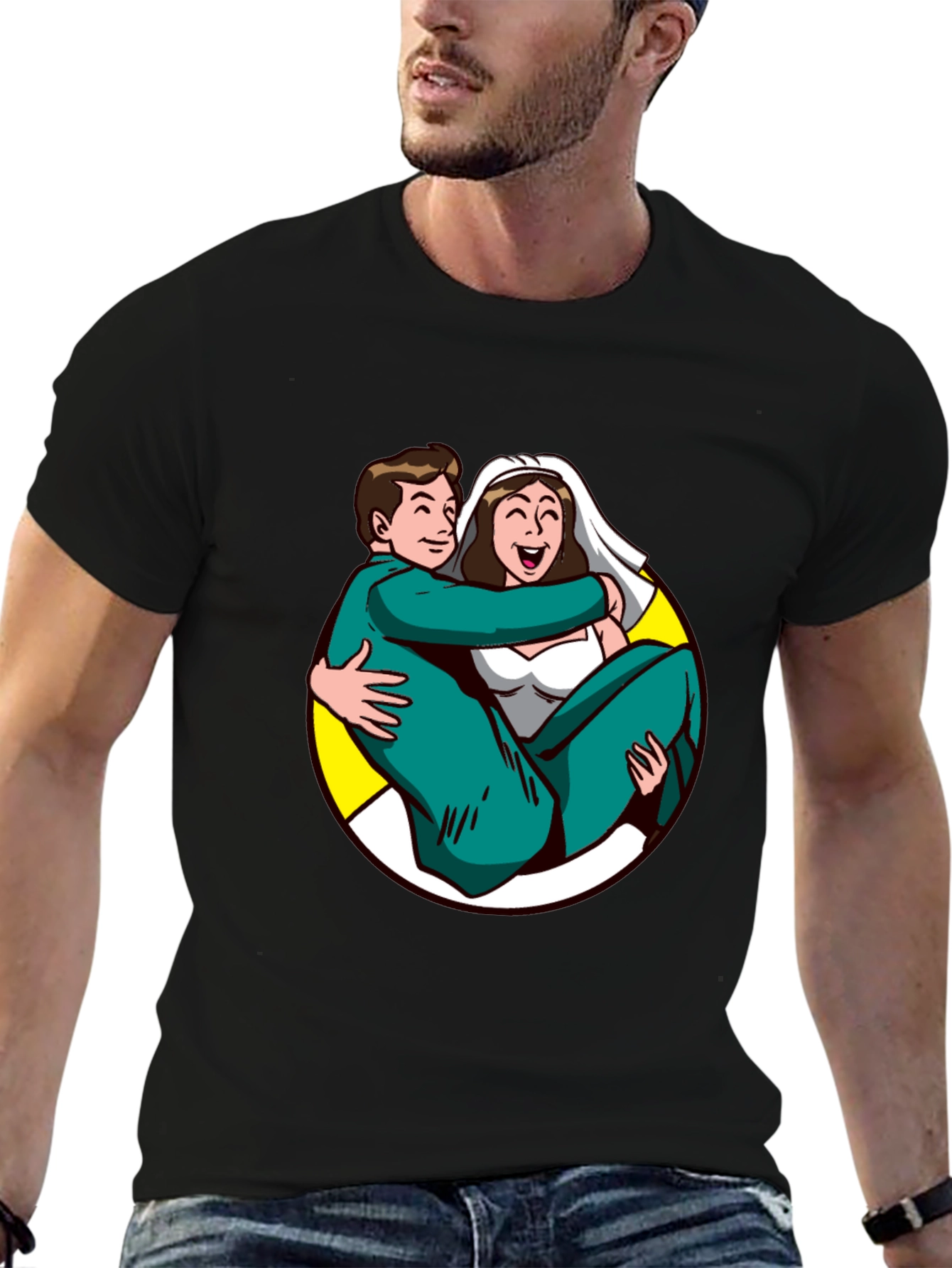 Cartoon Bride and Groom Black T-Shirt