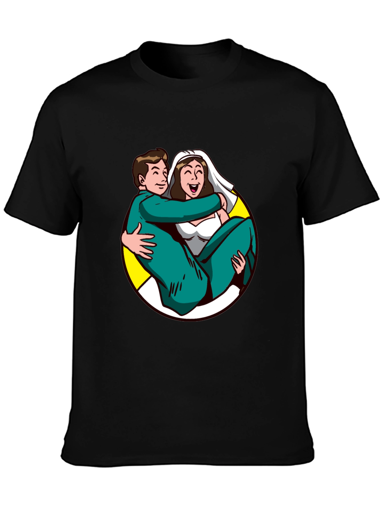 Cartoon Bride and Groom Black T-Shirt