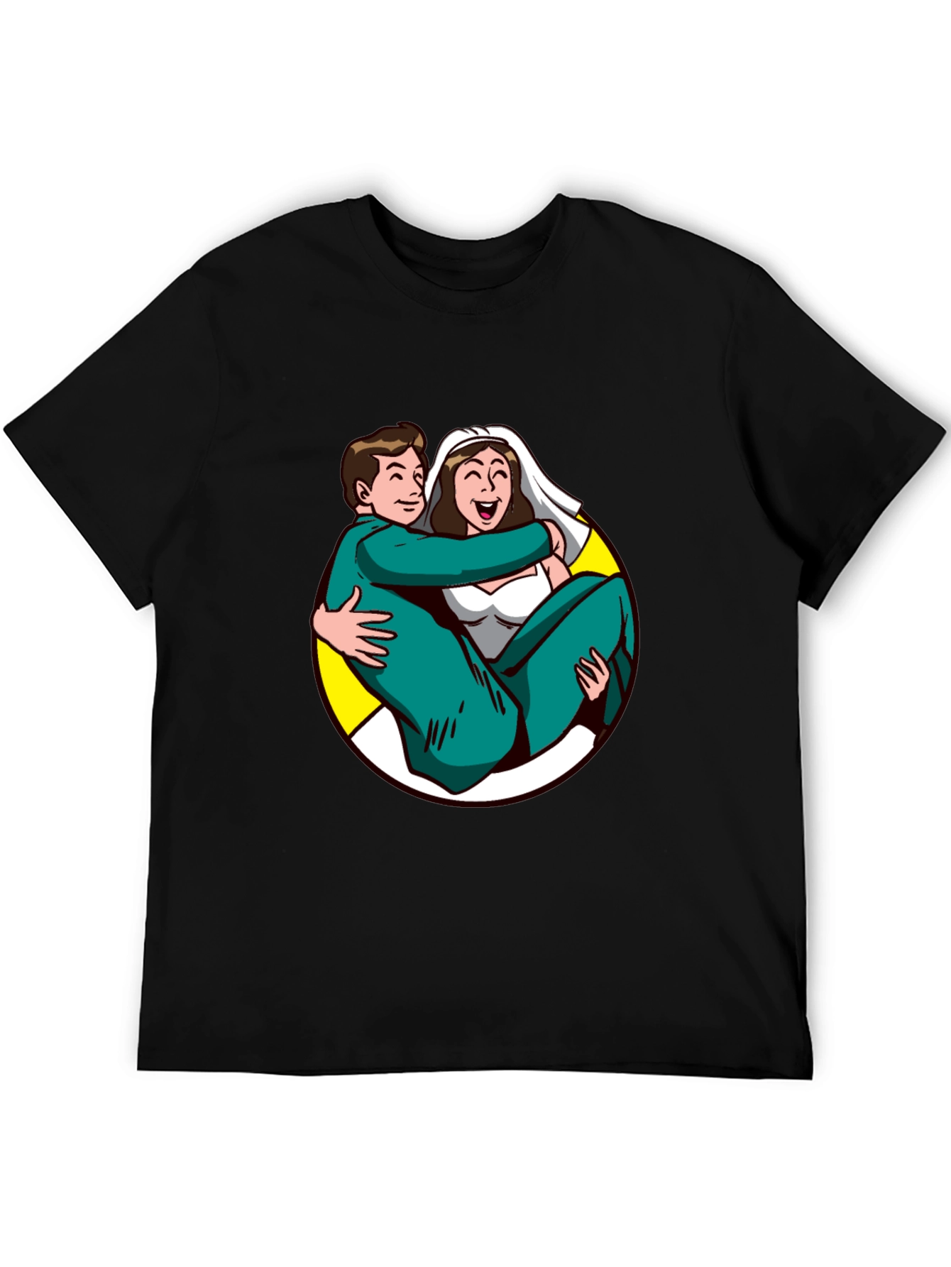 Cartoon Bride and Groom Black T-Shirt