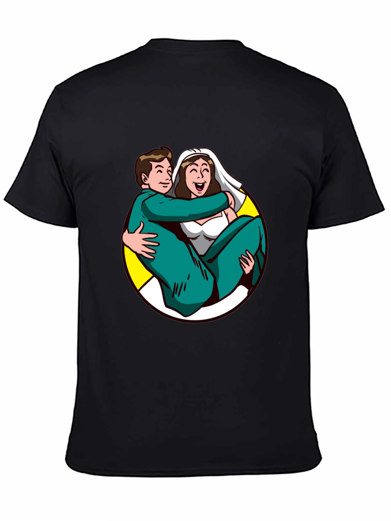 Cartoon Bride and Groom Black T-Shirt