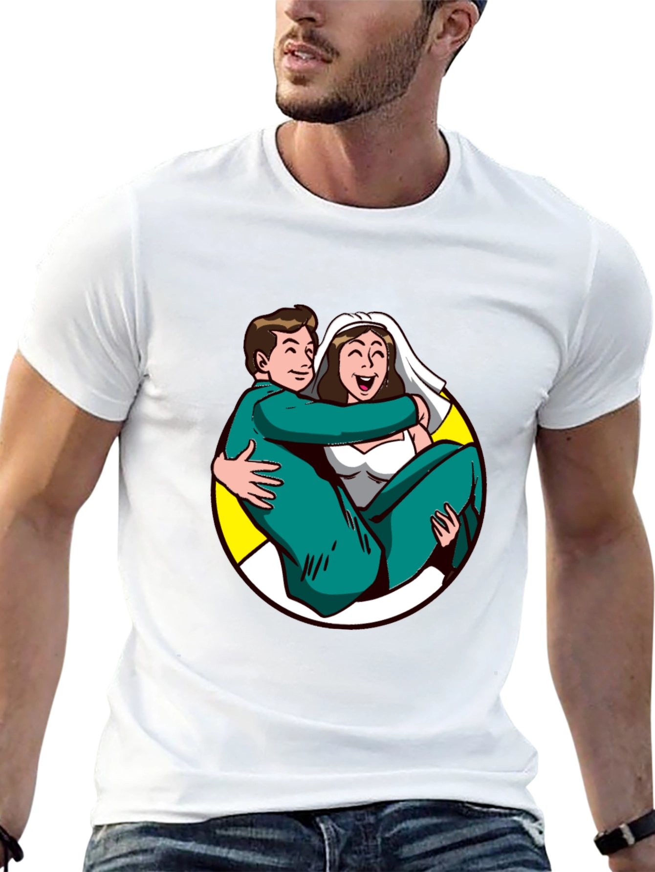 Cartoon Bride and Groom Black T-Shirt