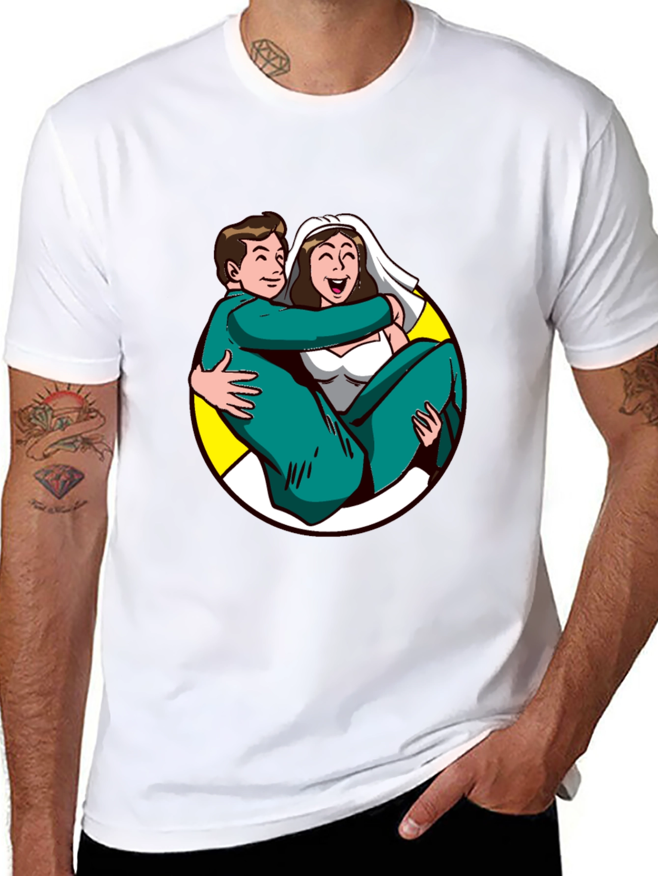 Cartoon Bride and Groom Black T-Shirt