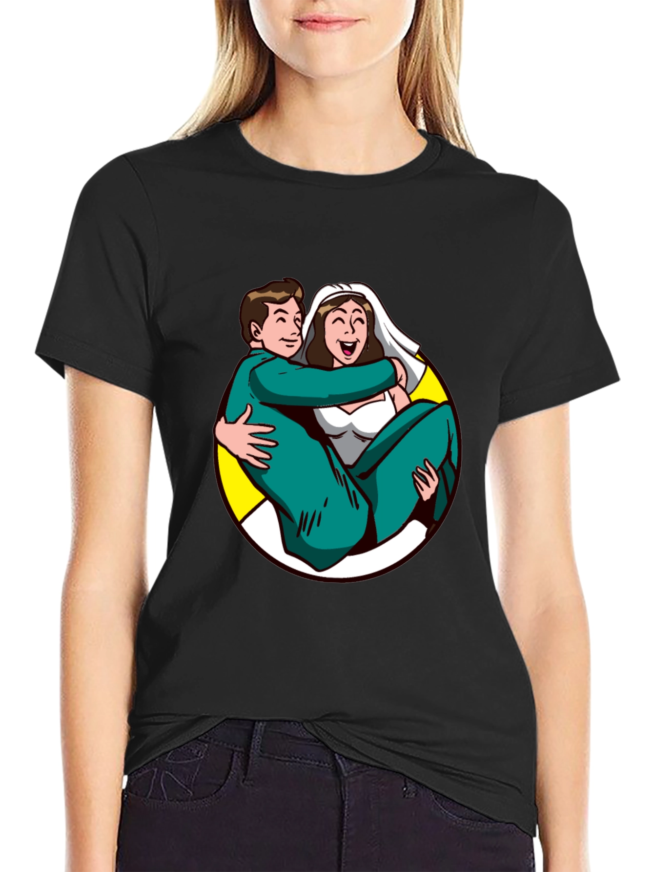 Cartoon Bride and Groom Black T-Shirt
