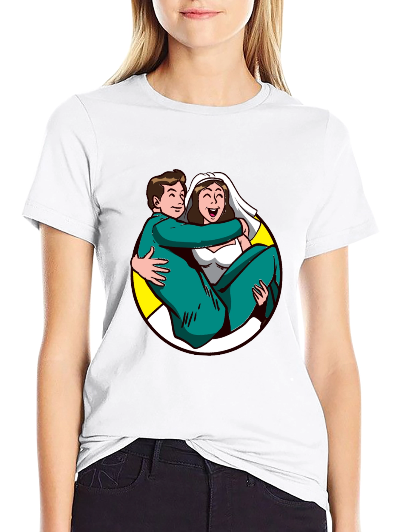Cartoon Bride and Groom Black T-Shirt