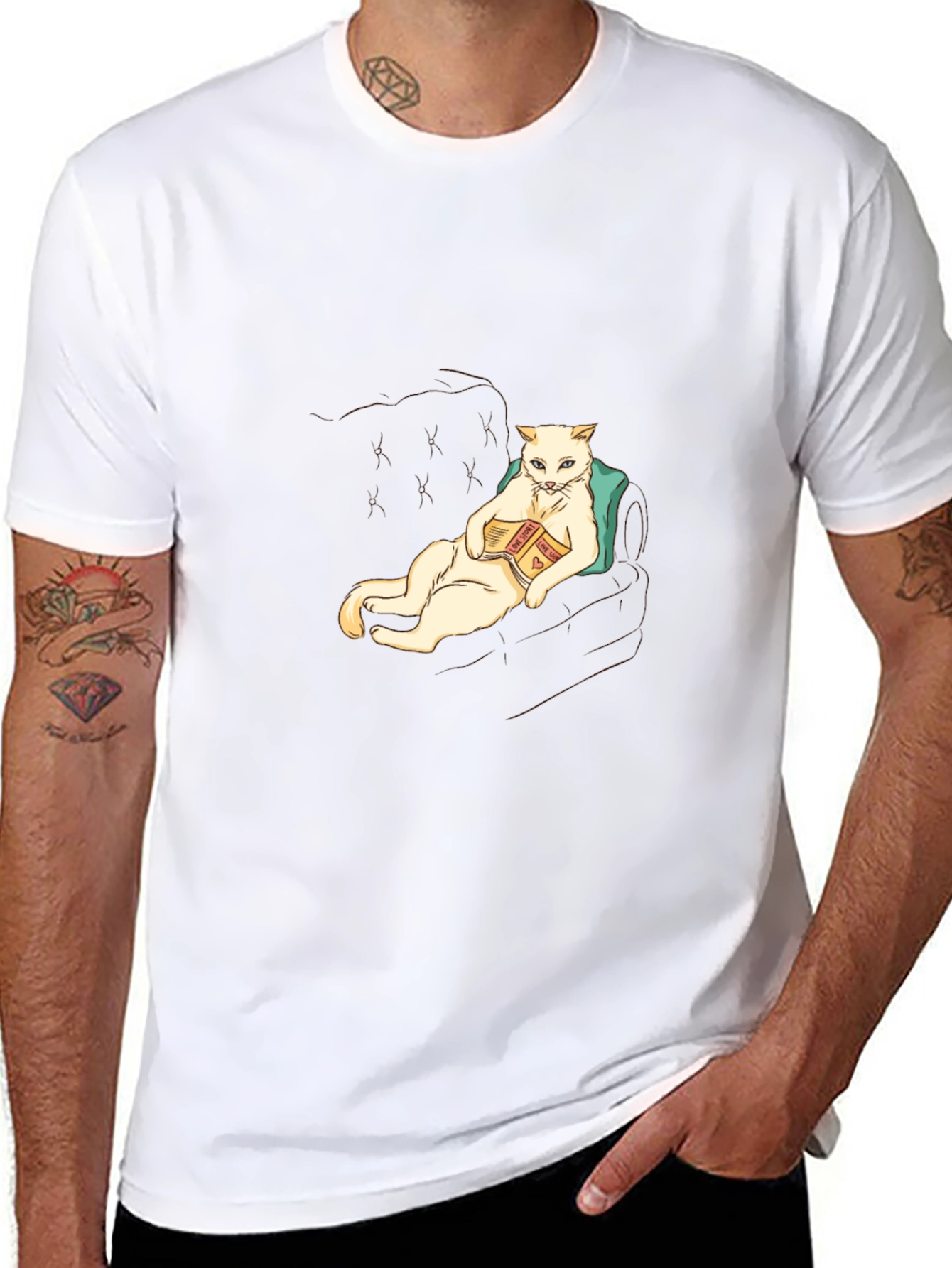 Cat Reading Book Graphic T-Shirt