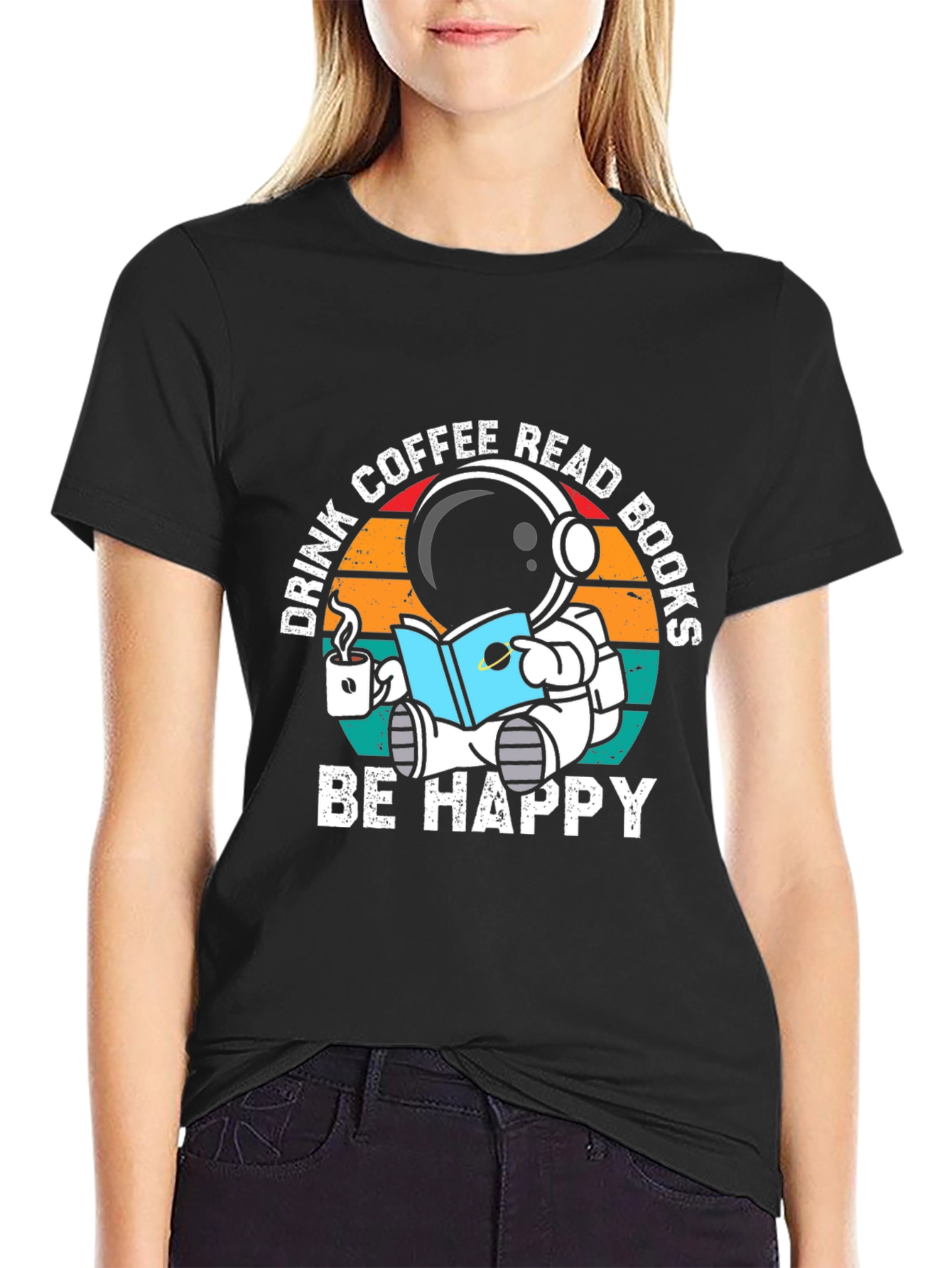 Astronaut Coffee & Books T-Shirt - Be Happy!