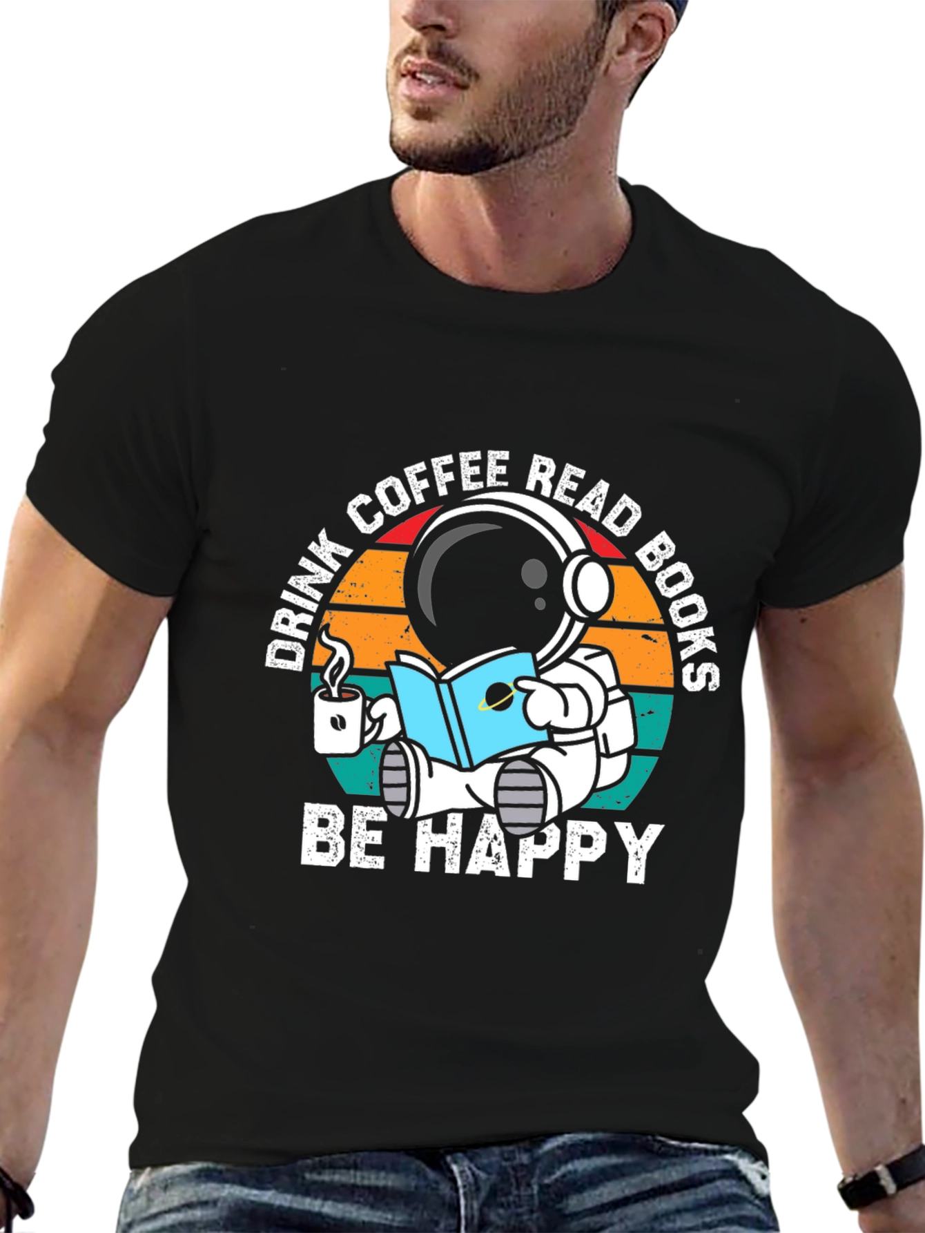 Astronaut Coffee & Books T-Shirt - Be Happy!