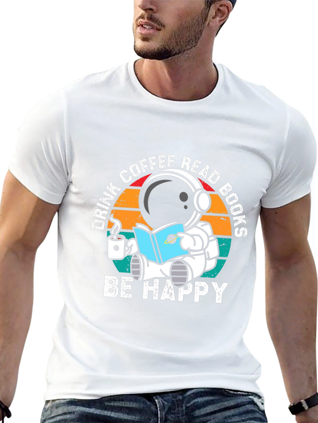 Astronaut Coffee & Books T-Shirt - Be Happy!