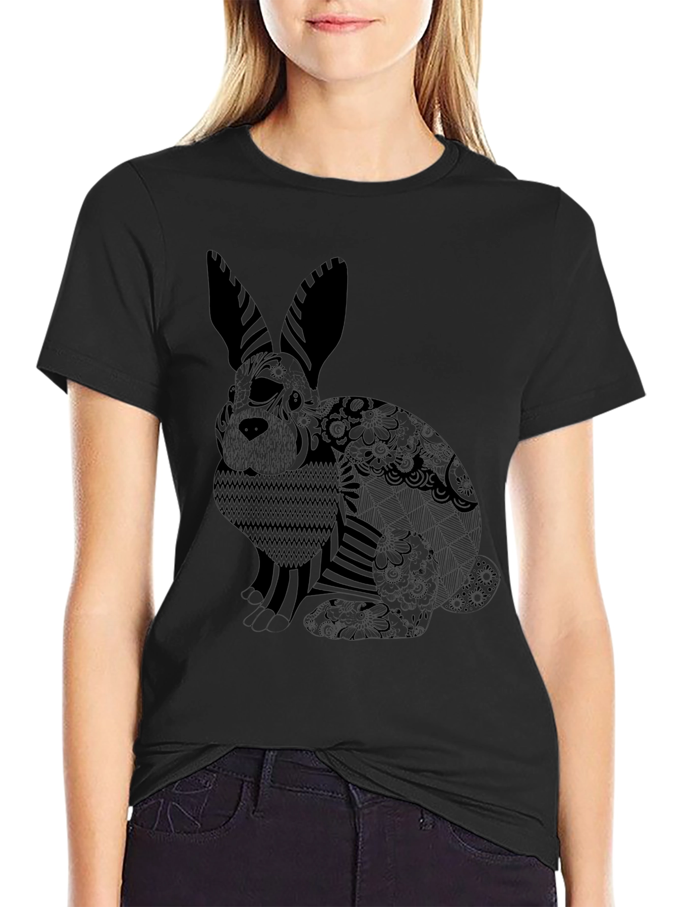 Black T-Shirt with Graphic Rabbit Print