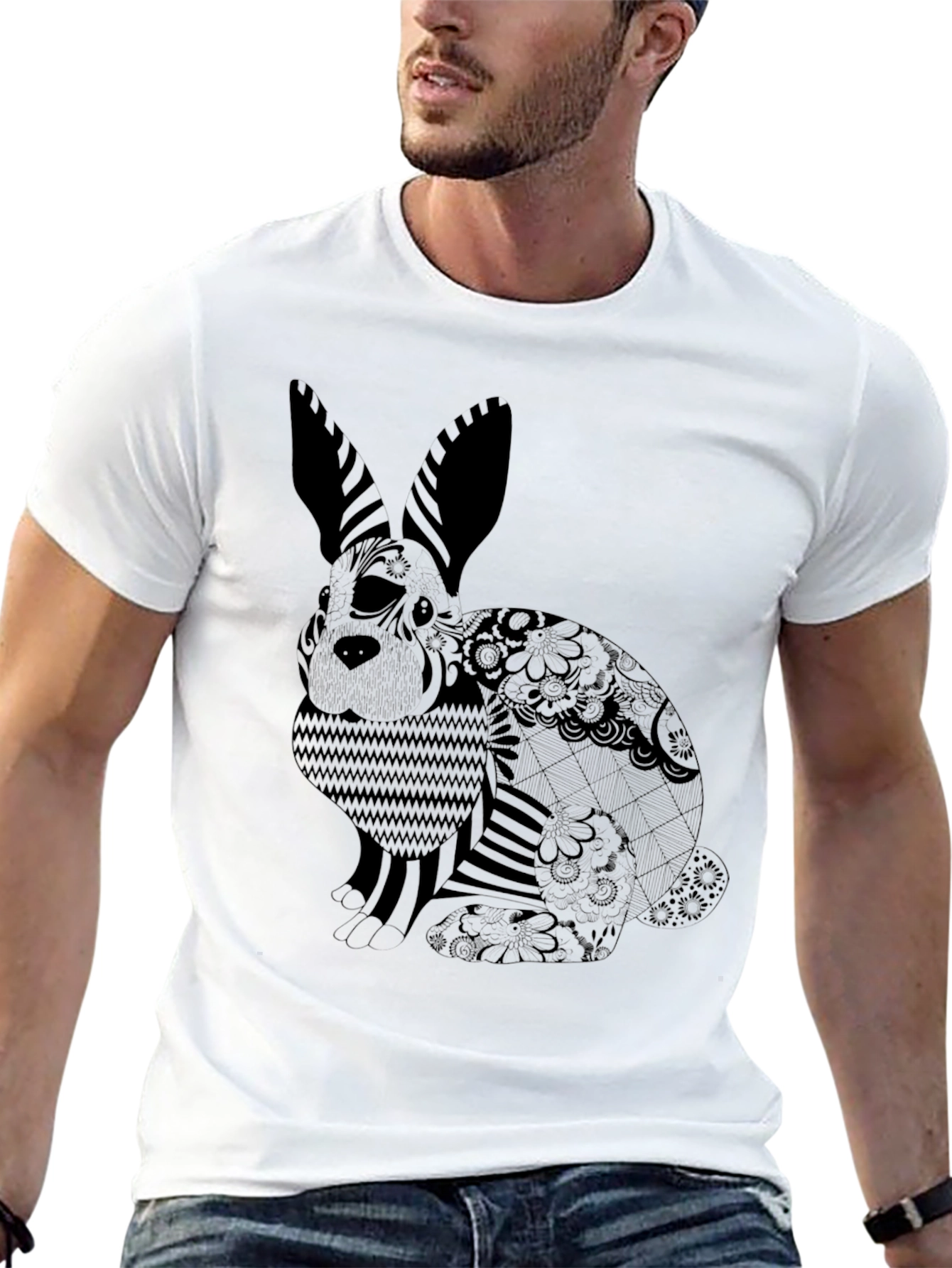 Black T-Shirt with Graphic Rabbit Print