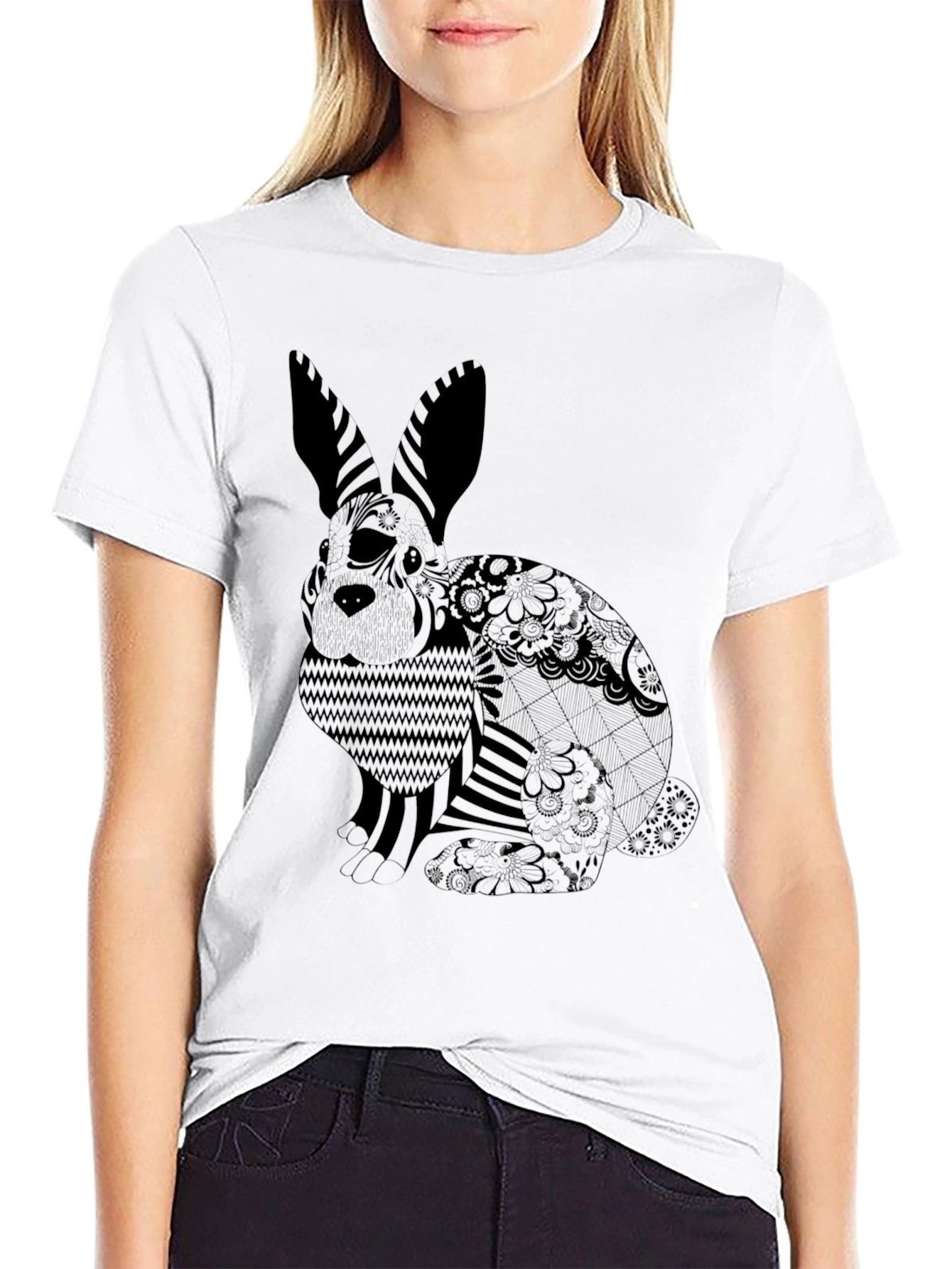 Black T-Shirt with Graphic Rabbit Print