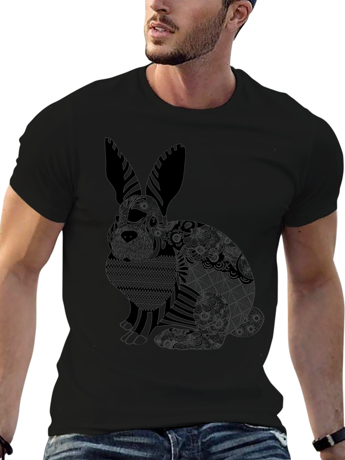 Black T-Shirt with Graphic Rabbit Print