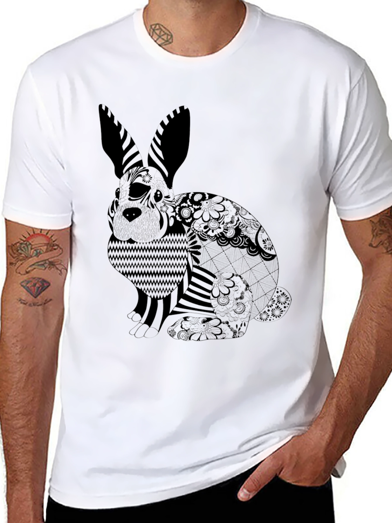 Black T-Shirt with Graphic Rabbit Print