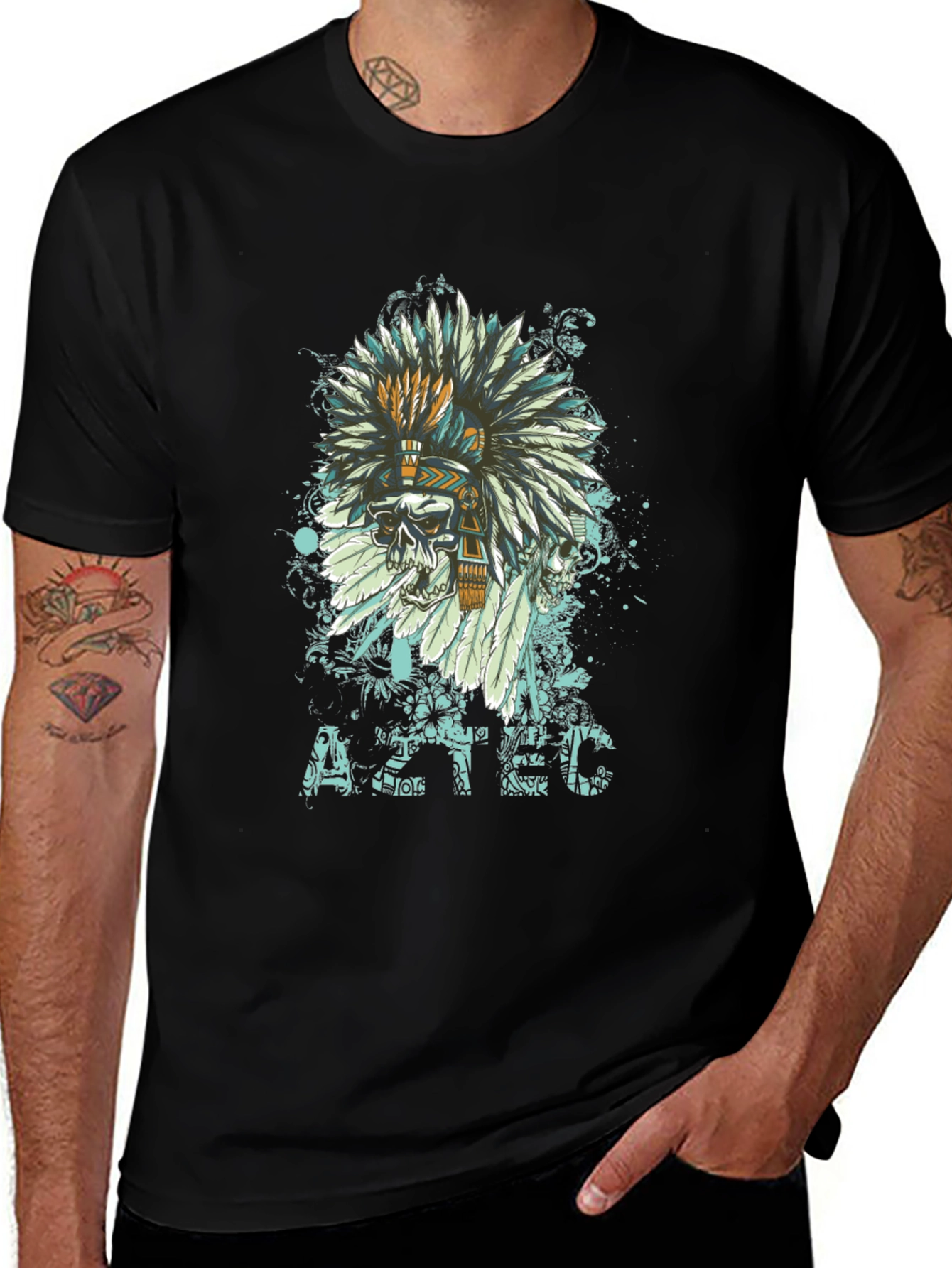 Aztec Skull Feather T-Shirt - Unique Graphic Tee