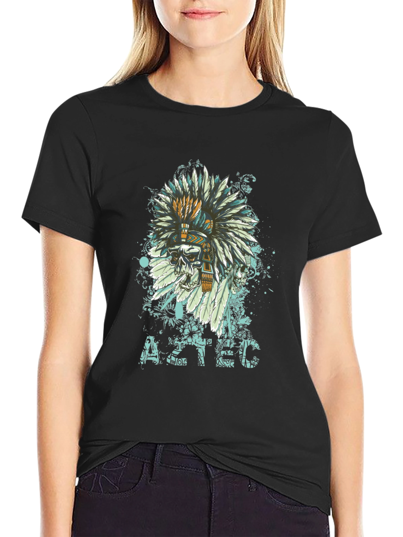 Aztec Skull Feather T-Shirt - Unique Graphic Tee