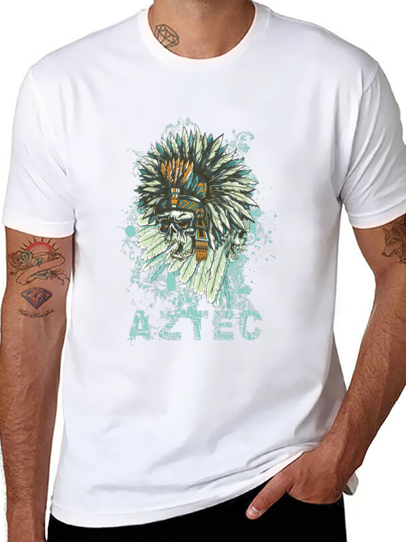 Aztec Skull Feather T-Shirt - Unique Graphic Tee