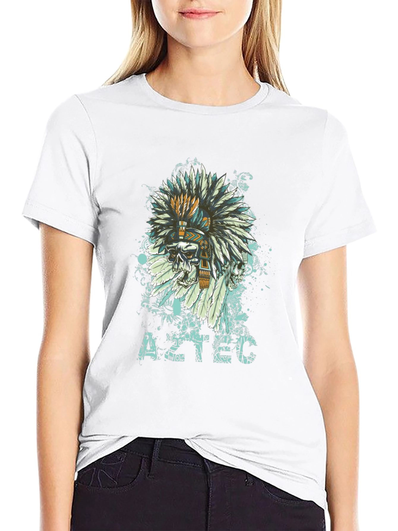 Aztec Skull Feather T-Shirt - Unique Graphic Tee