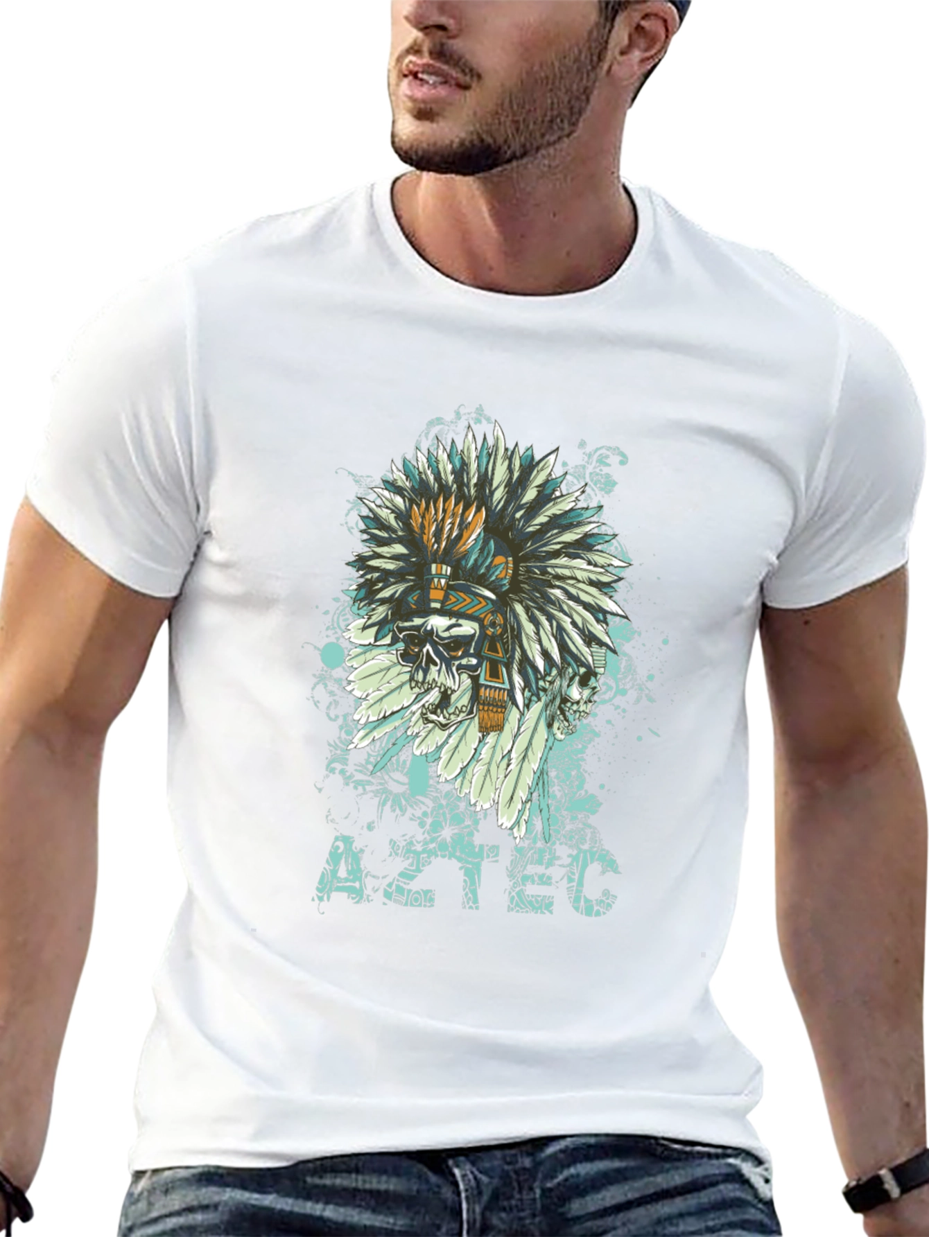 Aztec Skull Feather T-Shirt - Unique Graphic Tee