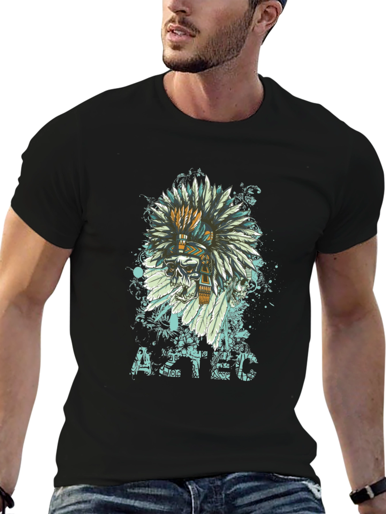Aztec Skull Feather T-Shirt - Unique Graphic Tee