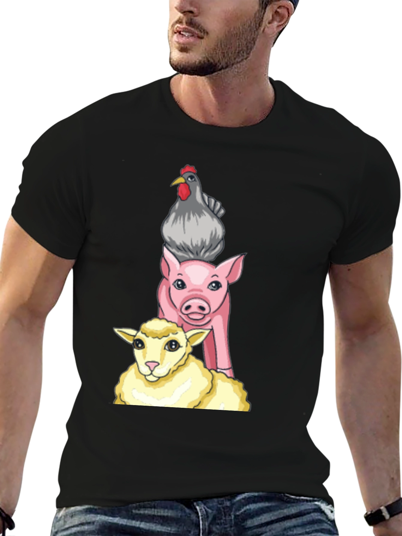 Stacked Farm Animals Graphic Tee - Black Cotton Shirt