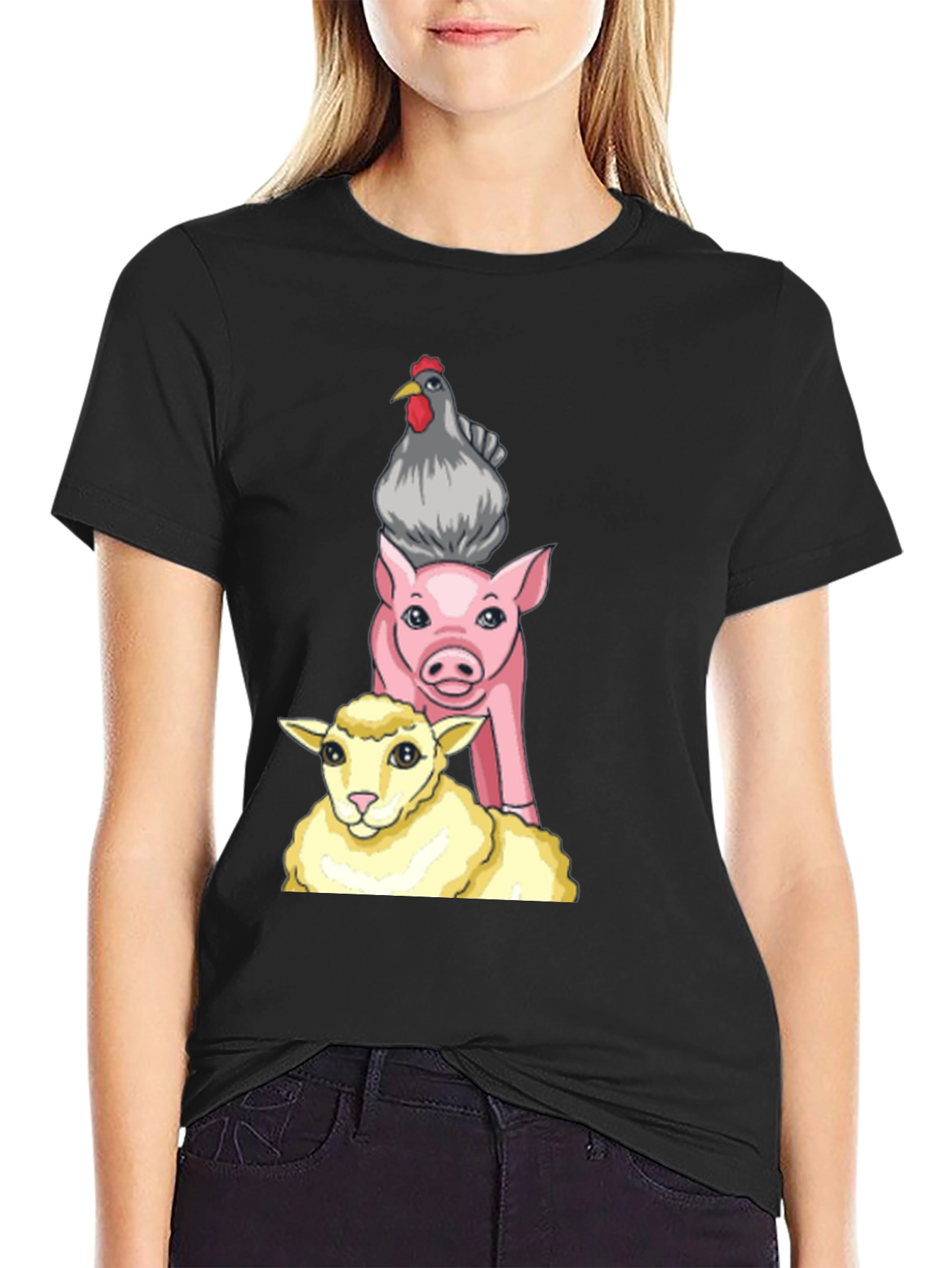 Stacked Farm Animals Graphic Tee - Black Cotton Shirt