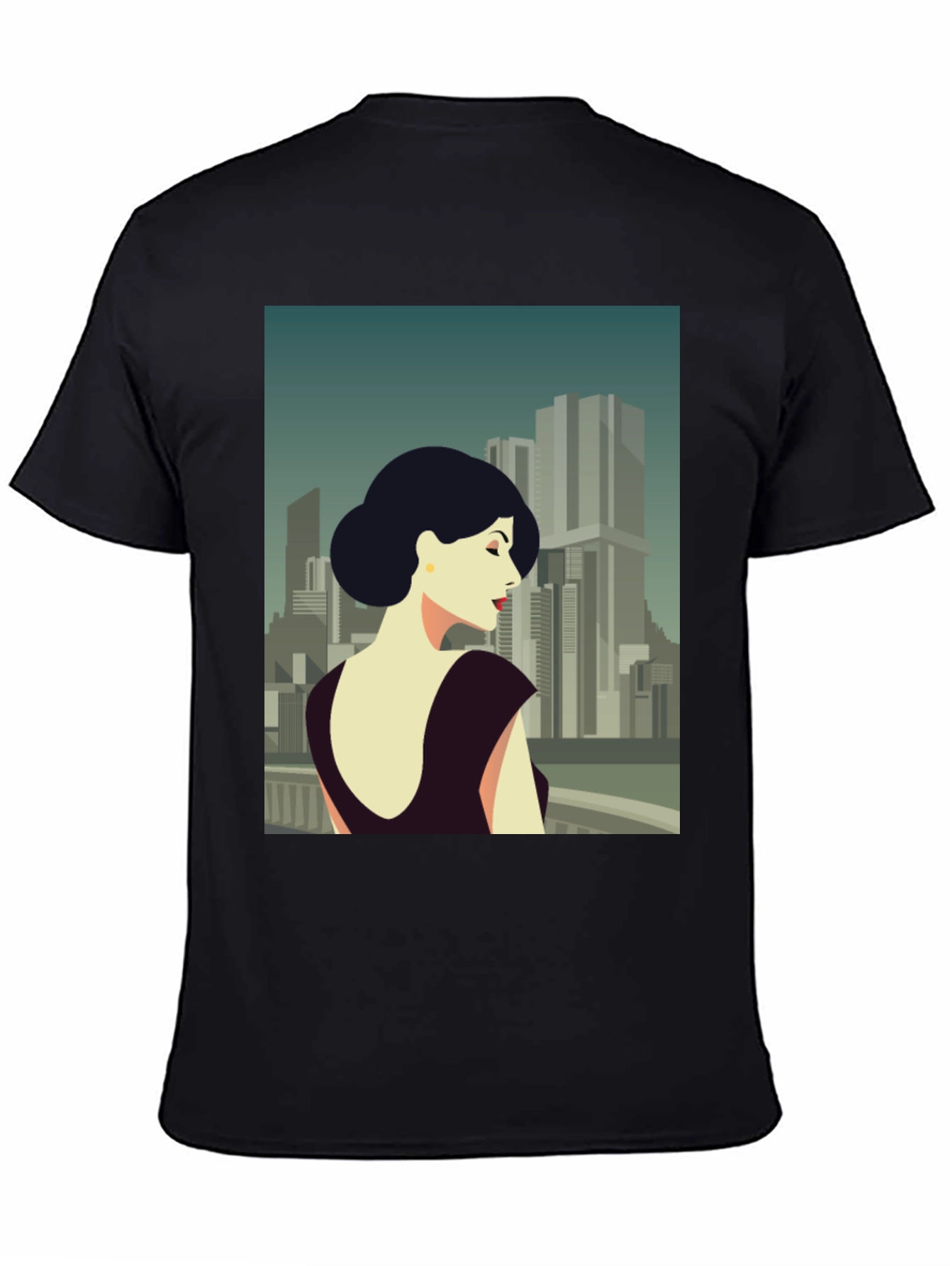 Retro Cityscape Woman Graphic Tee - Black Cotton T-Shirt