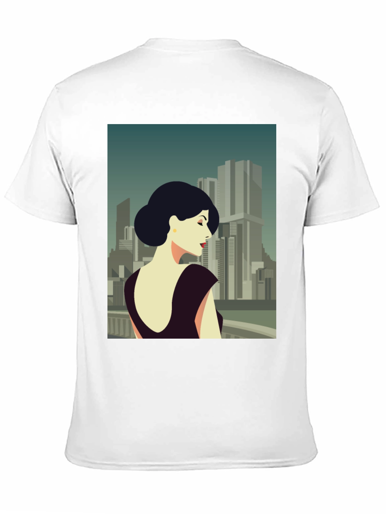 Retro Cityscape Woman Graphic Tee - Black Cotton T-Shirt