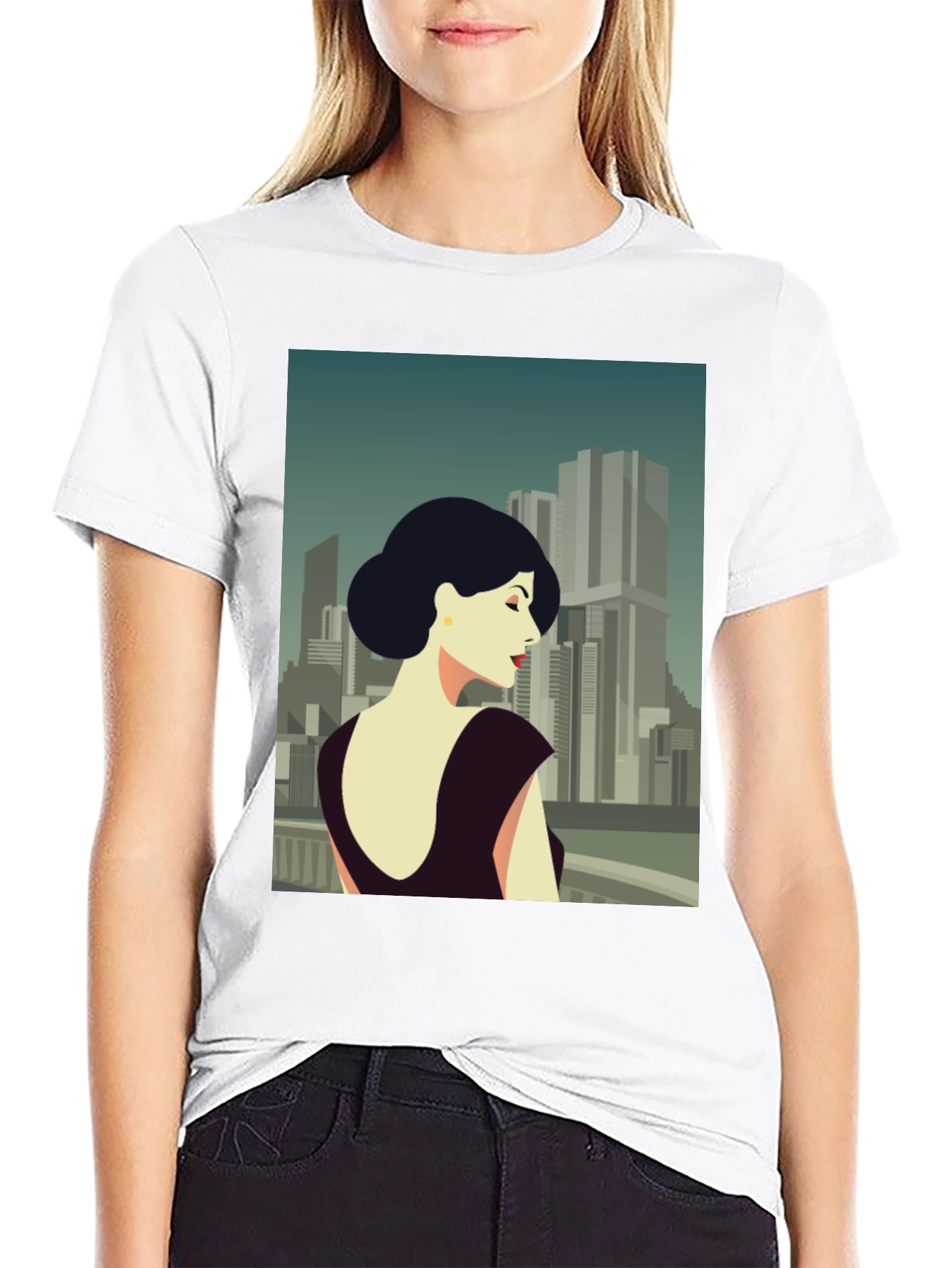 Retro Cityscape Woman Graphic Tee - Black Cotton T-Shirt